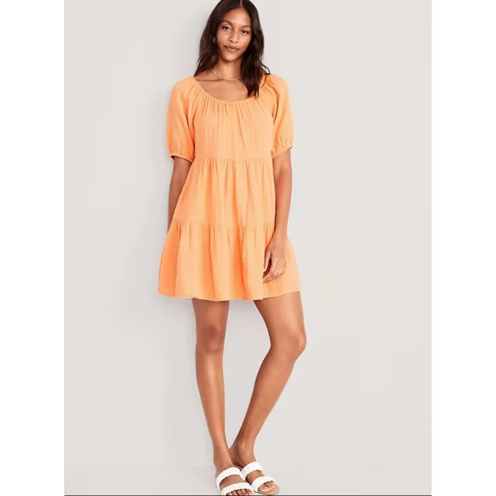 Old Navy Wm's S Gauzy Puff Sleeve Tiered Mini Swing Dress Short with Pockets - Picture 1 of 6